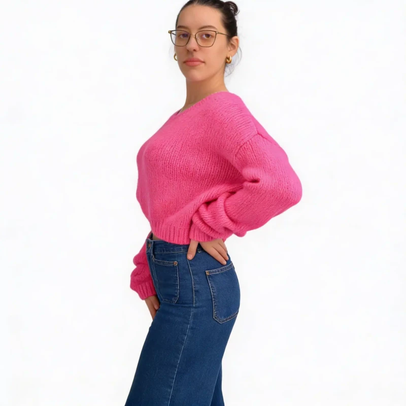 Ciepły sweter damski różowy oversize miękki elegancki, klasyczny dekolt Captain Mike