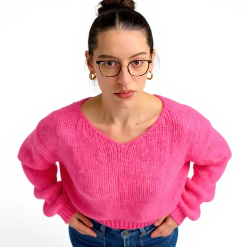 Ciepły sweter damski różowy oversize miękki elegancki, klasyczny dekolt Captain Mike
